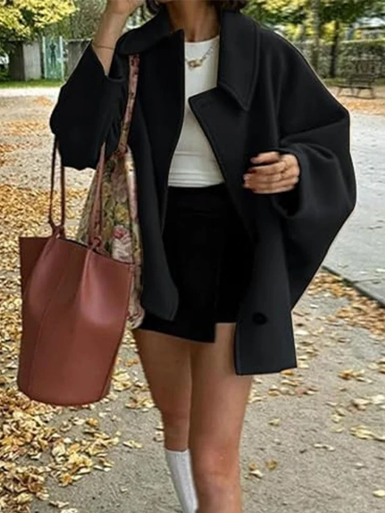 Pop 2025 Women's Oblique Button Loose Batwing Sleeve Jacket Coat Lapel Double Pocket Warm Solid Vintage Outerwear Fall Winter Co