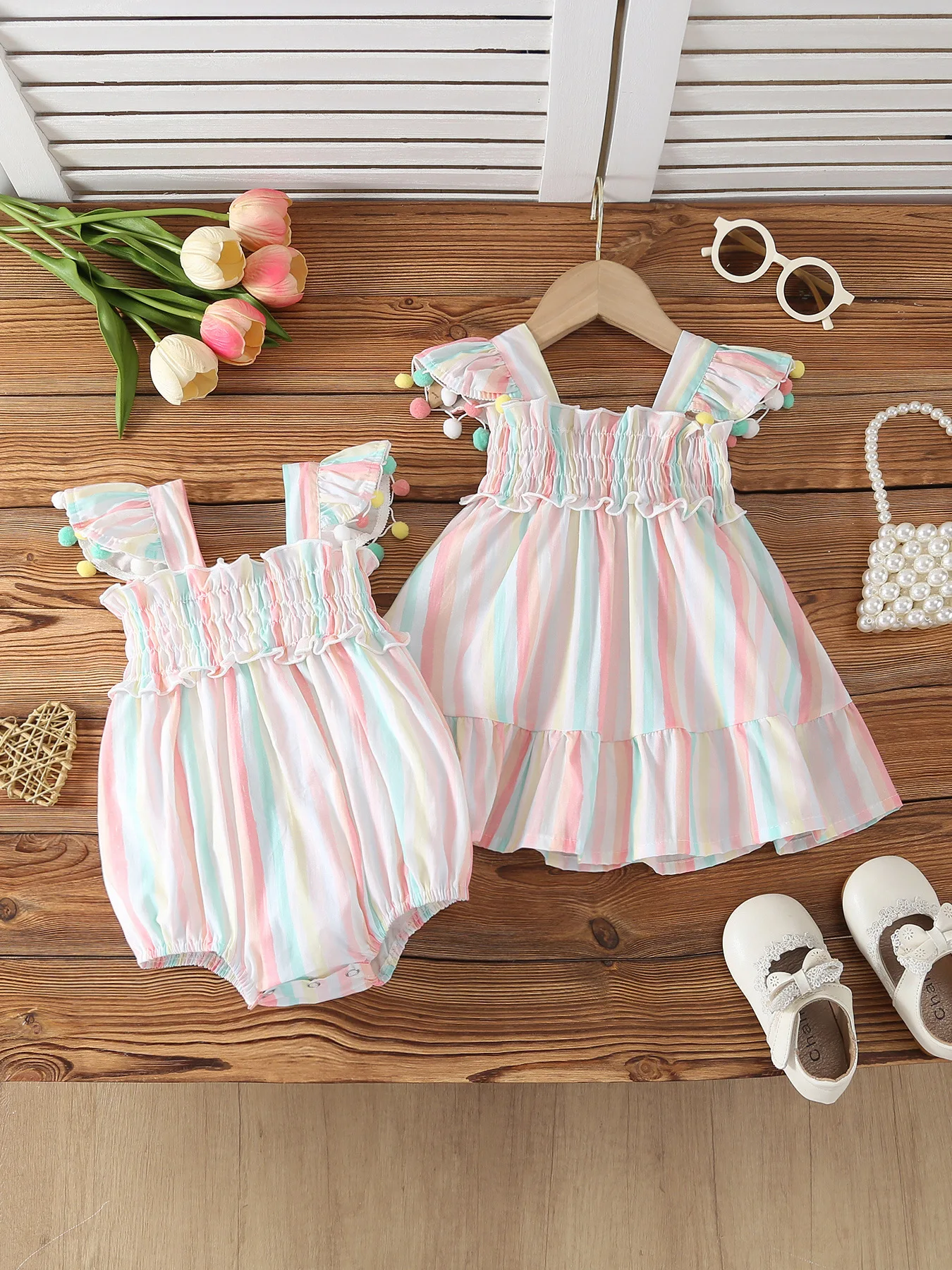 

Baby Sister Family Matching Summer Outfits Pastel Stripe Flutter Sleeve Korean Style Girl Bodysuit Dress Cute Baby Girl Clothes