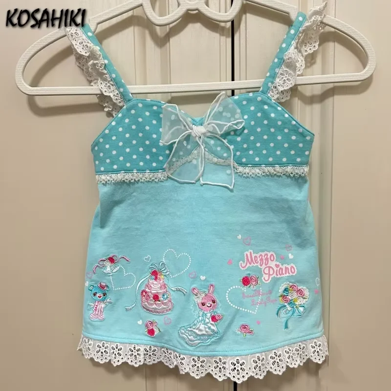Chaleco bordado de dibujos animados Kawaii japonés Y2k, camisola dulce de retazos de encaje de lunares estéticos, camiseta sin mangas con lazo Grunge de verano