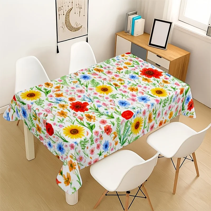 1pc Fresh Pastoral Style Multi-Colored Wildflower Rectangular Polyester Tablecloth, Spring Summer Recommended, Suitable for Picnics, Parties Home Textile Decor And Restaurant Aesthetic Embellishment