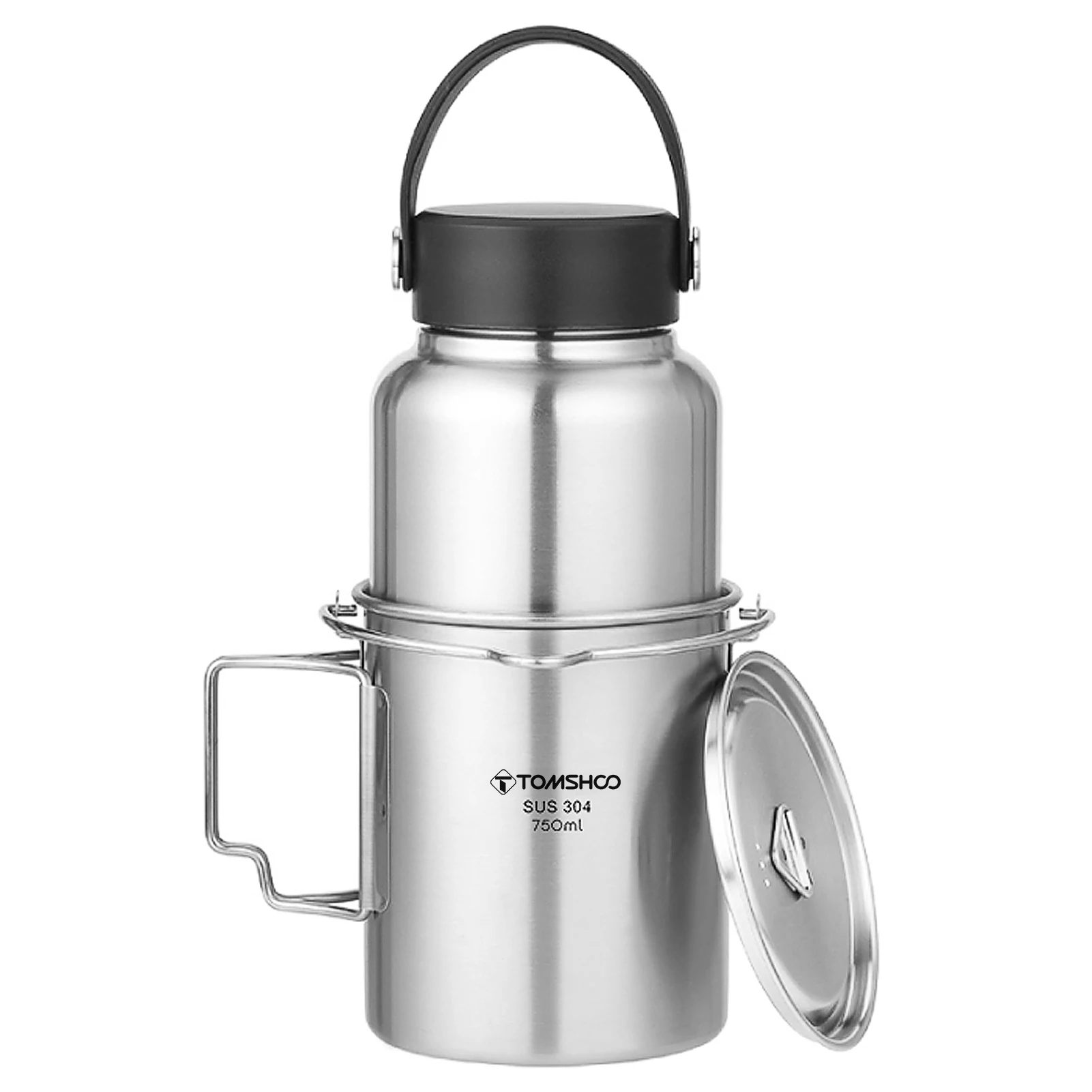 TOMSHOO 1050ml Stainless Steel Sport Water Bottle/Kettle with Leak Proof Lid + Camping Hanging Pot Cup for Outdoor Travel