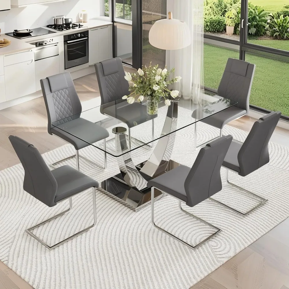

63” Glass Dining Room Table Set for 6, Modern Kitchen Table and Chairs Set of 6, Dining Sets with Rectangular Tempered Glass