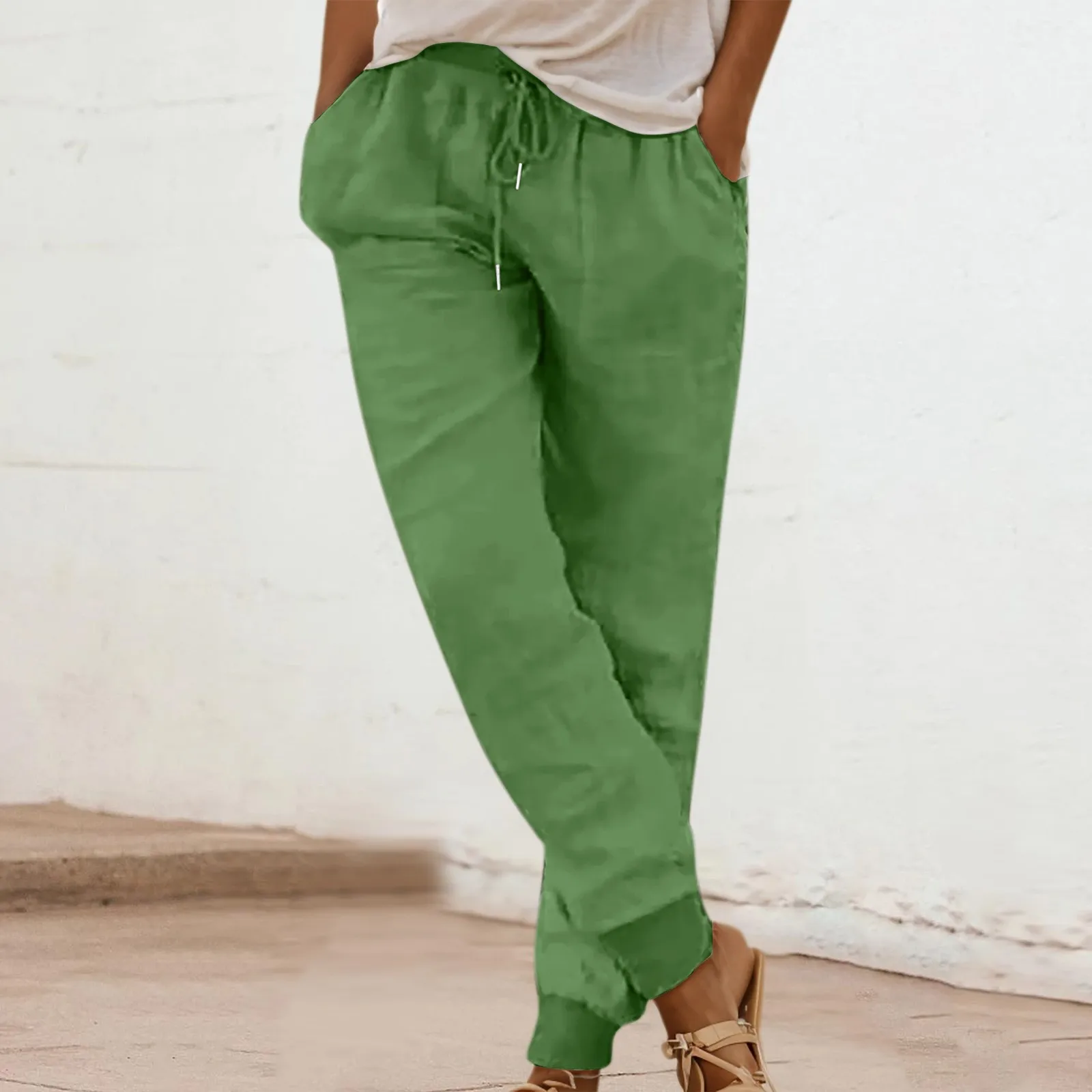 

Womens Tapered Pants Drawstring Back Elastic Waist Casual Pockets Trousers Spring Summer Versatile Slimming Clothing 2025