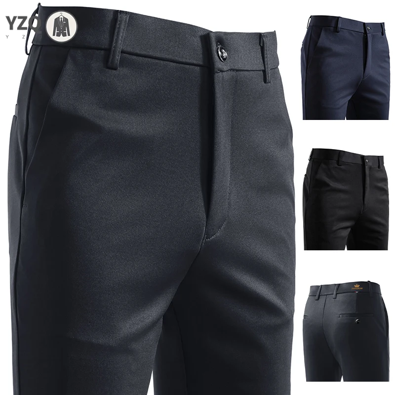 Spring Autumn Men Commuting Trousers Lightweight Textured Fabric Embroidered Waist Comfortable Fit Dating Long Slacks