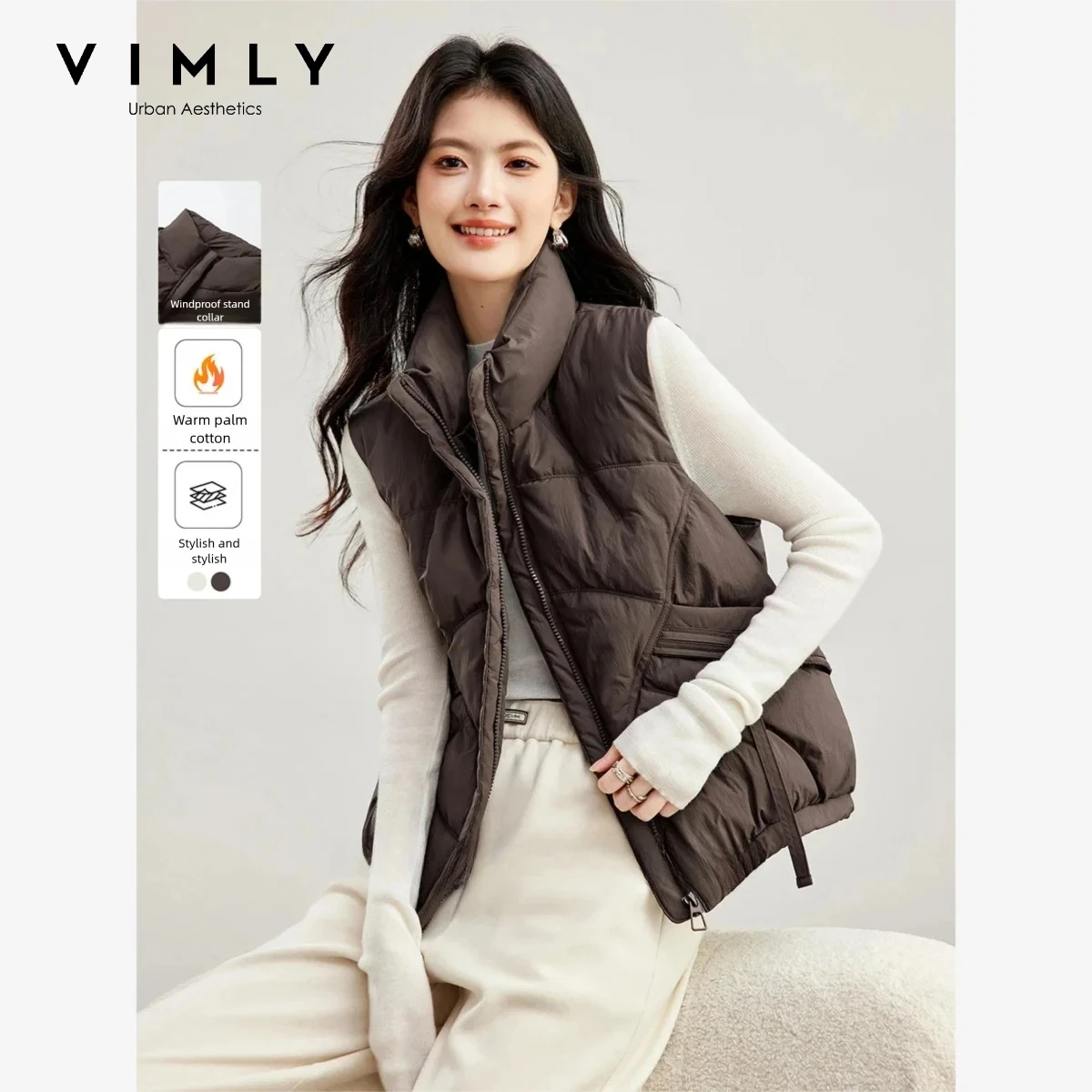 Women'S Fashion Quilted Jacket - VIMLY 여성용 퀼팅 조끼 브라운 스탠드