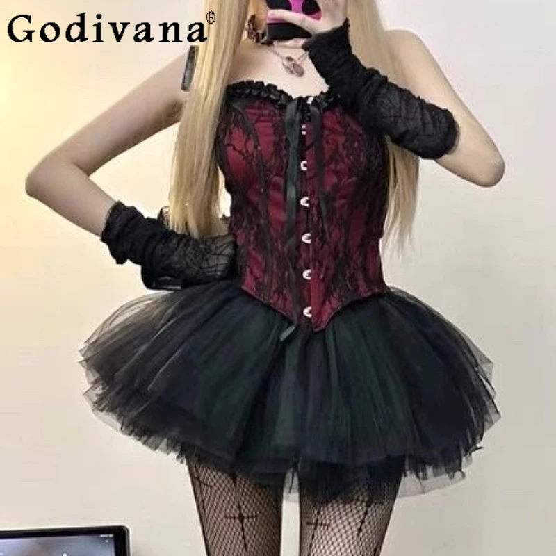 Halloween Zoet Cool Sexy Taille Cinching Slanke Strapless Top Zwarte Hoge Taille A-lijn Mode Veelzijdige Leeftijdsreductie Roksets