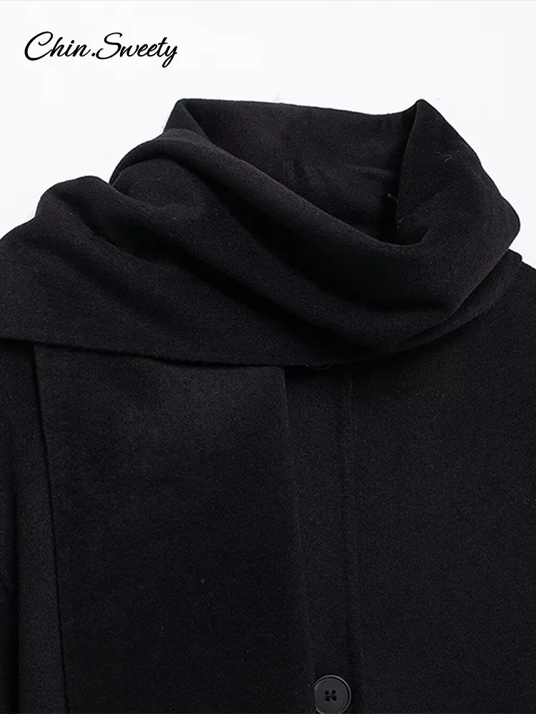 Elegant Black Scarf Coat Women Full Sleeve Loose Single Breasted Jacket 2024 Fashion Autumn Winter Loose High Street Overcoat ﻿