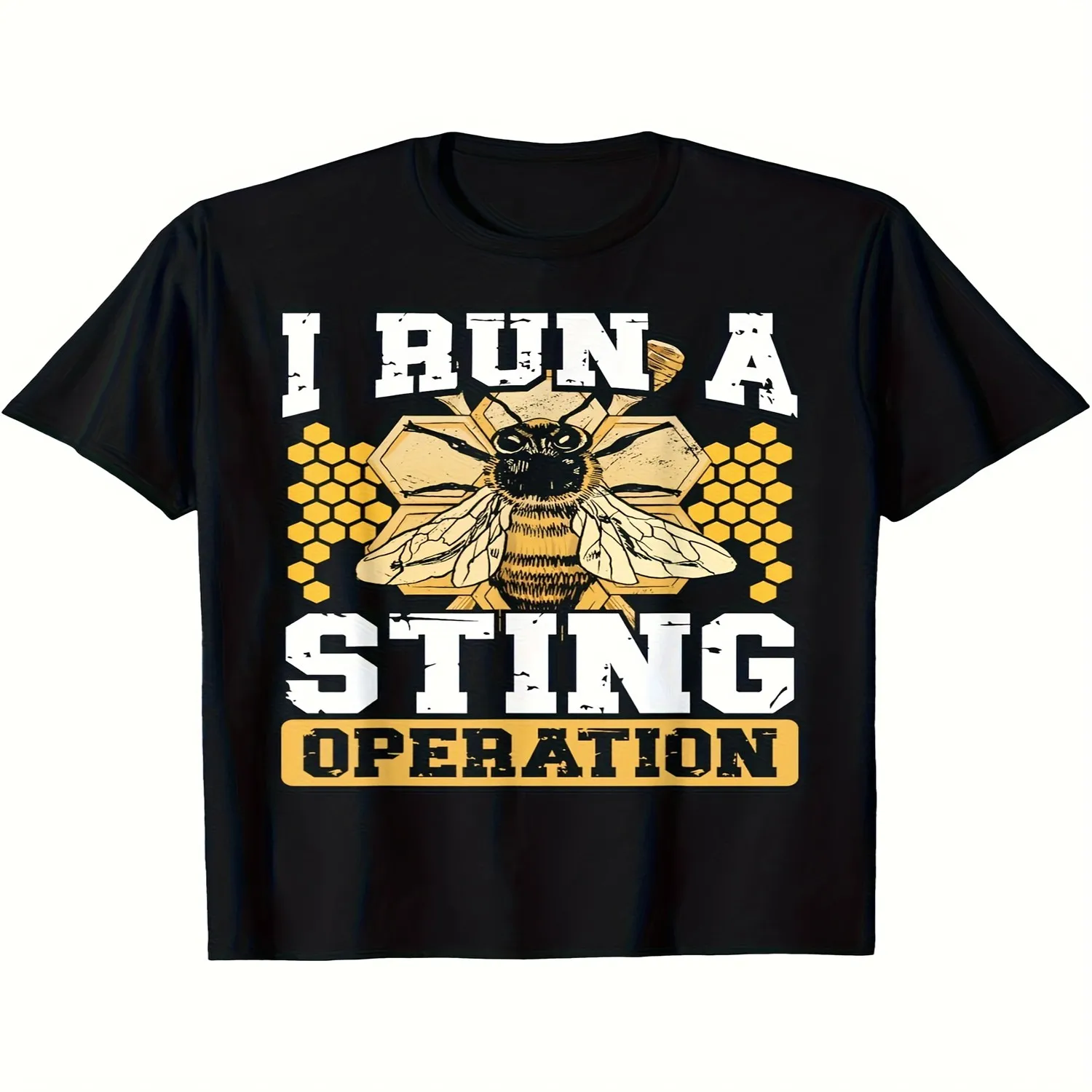 Men's Vintage Beekeeping Graphic T Shirt 180g 100 Cotton Funny I Run a Sting Operation Slogan Queen Bee Design with Yellow Lettering All Season Casual Halloween Costume Apparel for Beekeepers Com Retro Graphic Shirt, Holiday Tshirt