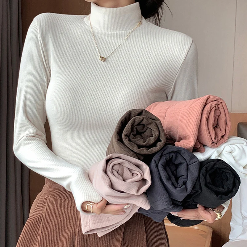 

Autumn Winter Knitted Half Turtleneck Sweaters Women Vintage Versatile Solid Stand Collar Base pullovers Elastic Warm Tops Woman