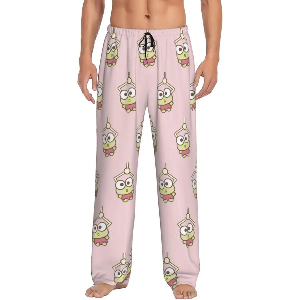 Custom Keroppi Pink Pajama Pants for Men Animation Comic Lounge Sleep Drawstring Sleepwear Bottoms with Pockets