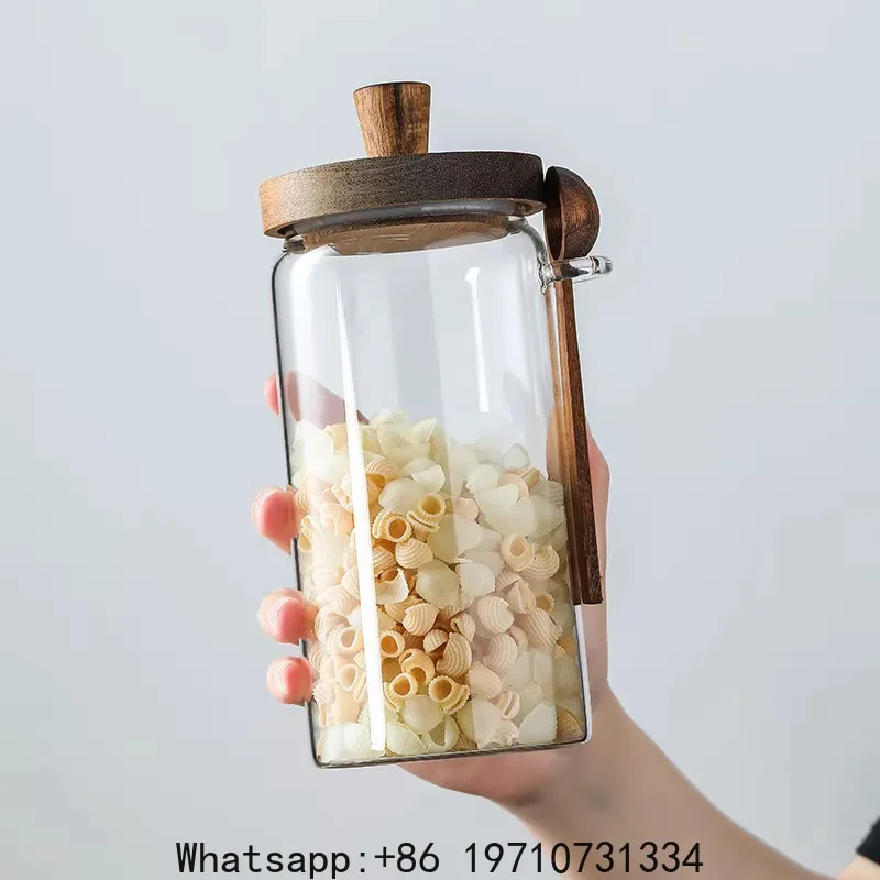 Paintless borosilicate glass wood cover with spoon seasoning tank storage sealed moisture-proof seasoning bottle storage tank