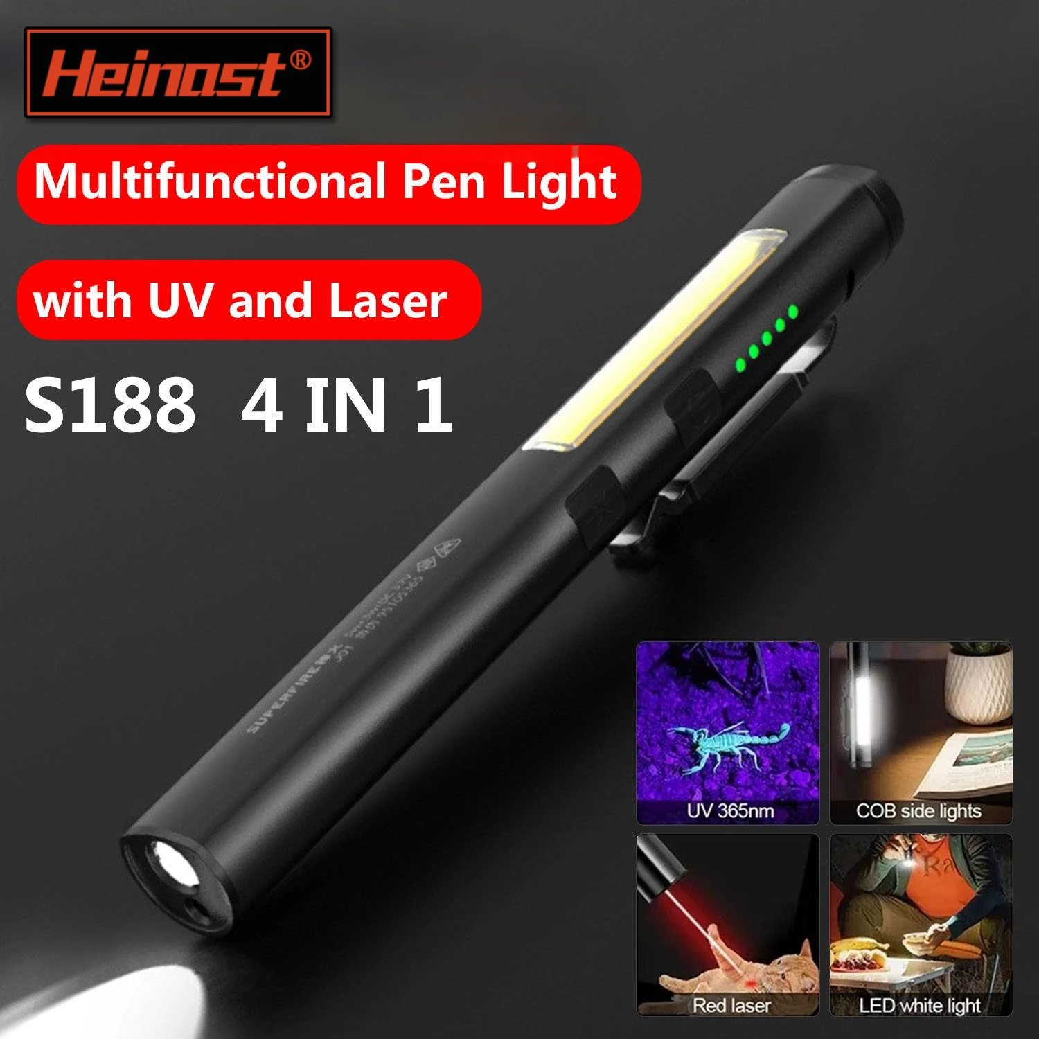 Heinast Mini LED Flashlight Side COB，S188 Built in Battery USB Rechargeable with The Bottom Magnet Inspection Pen Clip Light