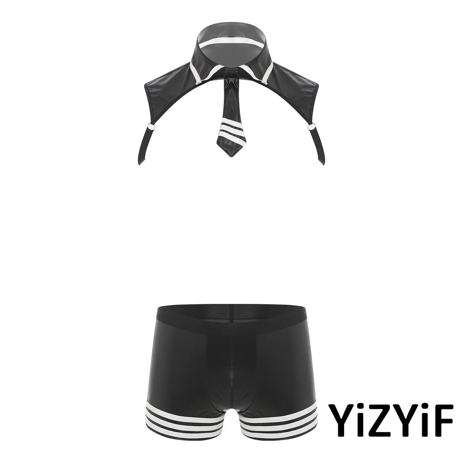 

Mens Police Cosplay Lingerie Set Striped Necktie Crop Tops Shrugs And Boxer Shorts Faux Leather 2Pcs for Nightclub Dating Night