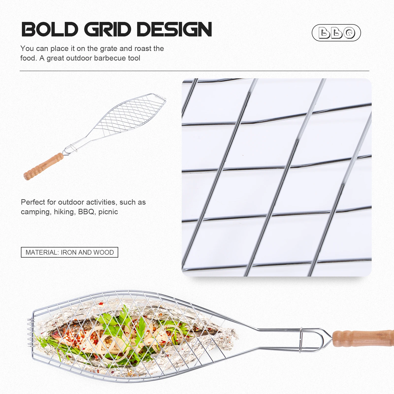 

2 Pcs Barbecue Grill Grates Iron Wood Handle Non Stick Outdoor Camping BBQ Tool Fish Steak Rack Compact for Hiking