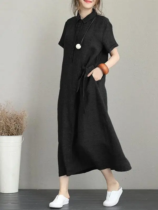 Summer Loose Cotton Linen Dress Short Sleeve Women plus Size Fashionable A-Line Skirt Comfortable Breathable Casual Dress