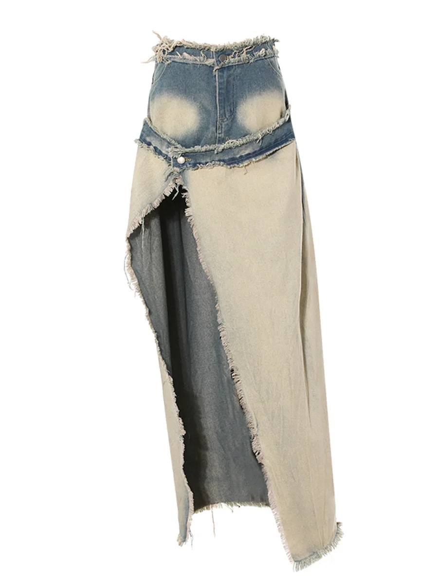 

Street Sle High Waist Denim Split Skirt Fake Two-Piece Long Skirt Hair Design Casual Summer Faion Women's Skirts