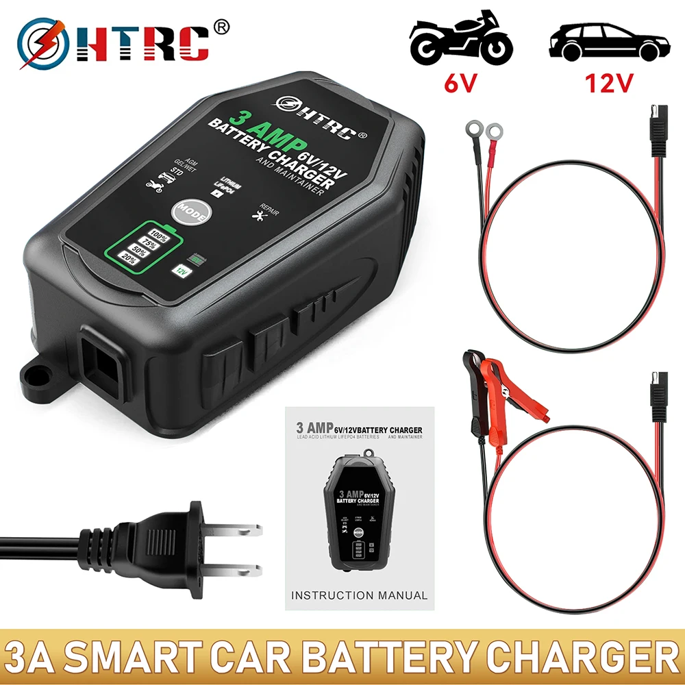 HTRC Car Battery Charger 6V 12V 3A Pulse Repair Smart Fully Automatic Trickle Lithium LiFePO4 Lead-Acid Batteries Charger