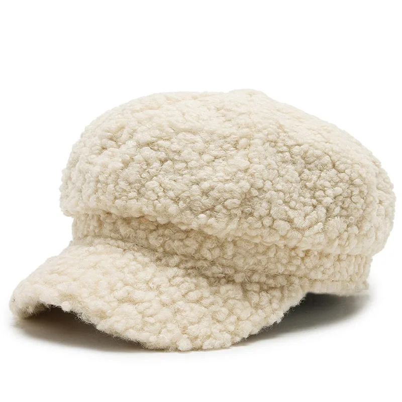 Women\'s Lamb Wool Berets Autumn and Winter Fashion All-match Hat Painter Octagonal Cap Men Women Teddy Cashmere Fisherman Hat