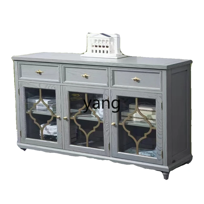 

LTT American light luxury solid wood dining side cabinet household retro glass three-door locker drawer storage cabinet