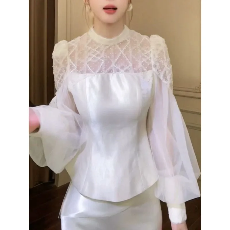 French Celebrity Mesh Splicing Long Sleeve Shirt Women's 2026 Autumn New Fashion Versatile White Skinny Top Temperament Commuter