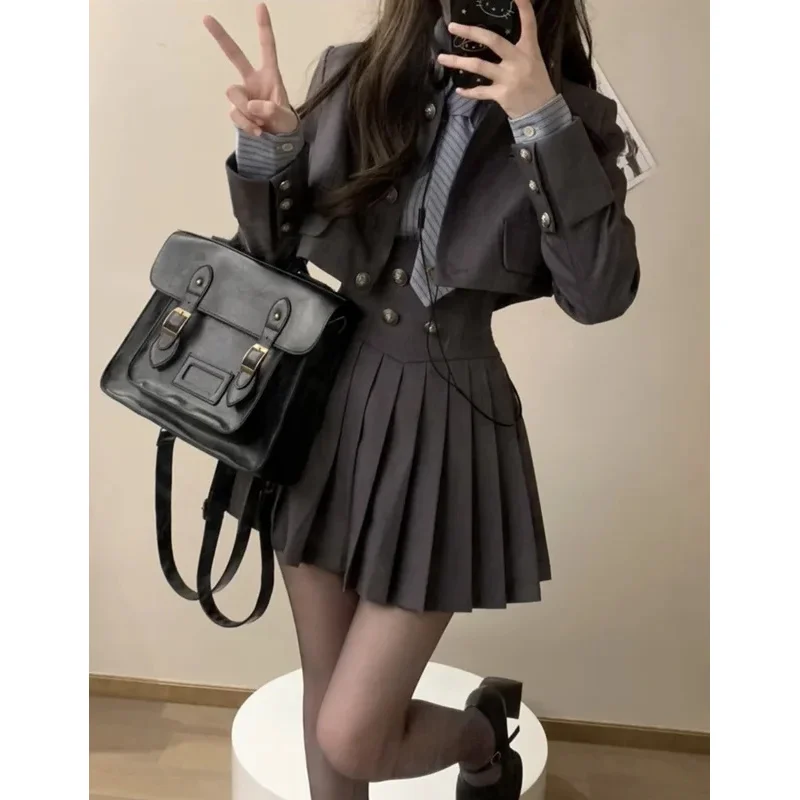 Spring 2024 preppy style American uniform set Girls short suit coat long sleeve striped shirt slim high waist pleated skirt Grey