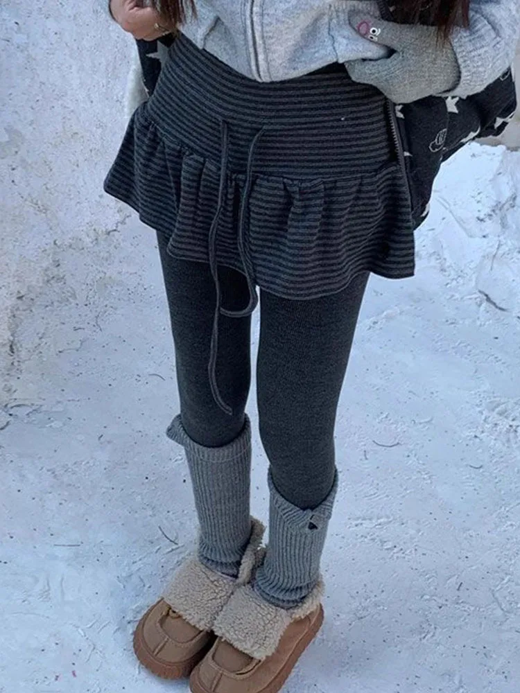 Retro Striped Drawstring Women's  Skirt with Safety Pants High Waist A-Line Skirt Folded Hemline Butt Covering Short Skirt