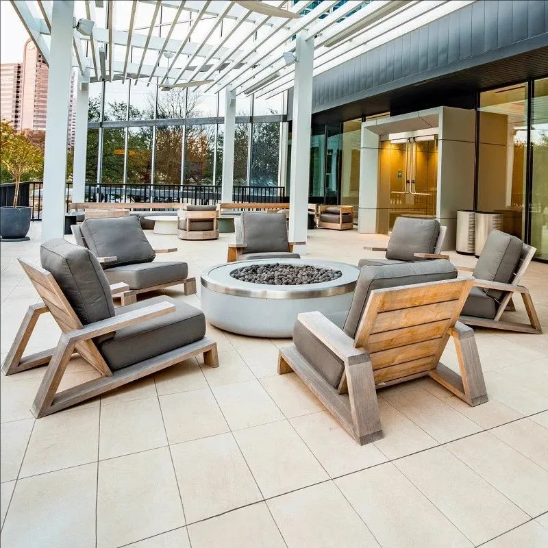 Outdoor Teak Sofa, Aluminum Waterproof Patio Garden Furniture, Nordic Style Outdoor Lounge Set for Villa Courtyard