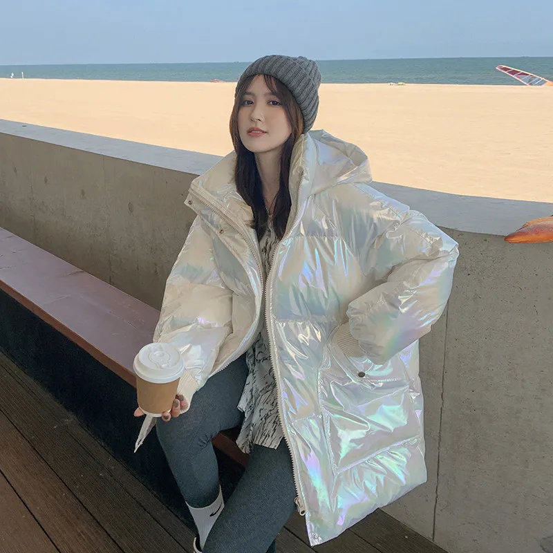 2026 Winter New Laser Colorful Bright Face Non Wash Down Cotton Jacket for Women Korean Edition Loose Hooded Coat Female Parker