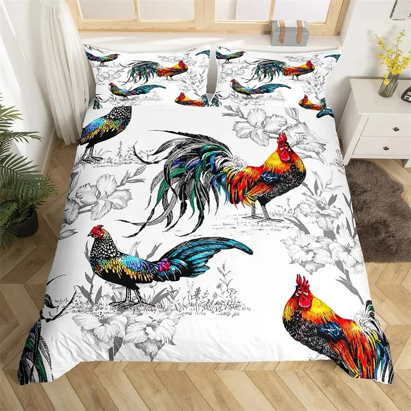 Farm Chicken King Queen Duvet Cover Rooster Goose Duck Bedding Set for Kids Teen Adult Farmhouse Animals 2/3pcs Soft Quilt Cover