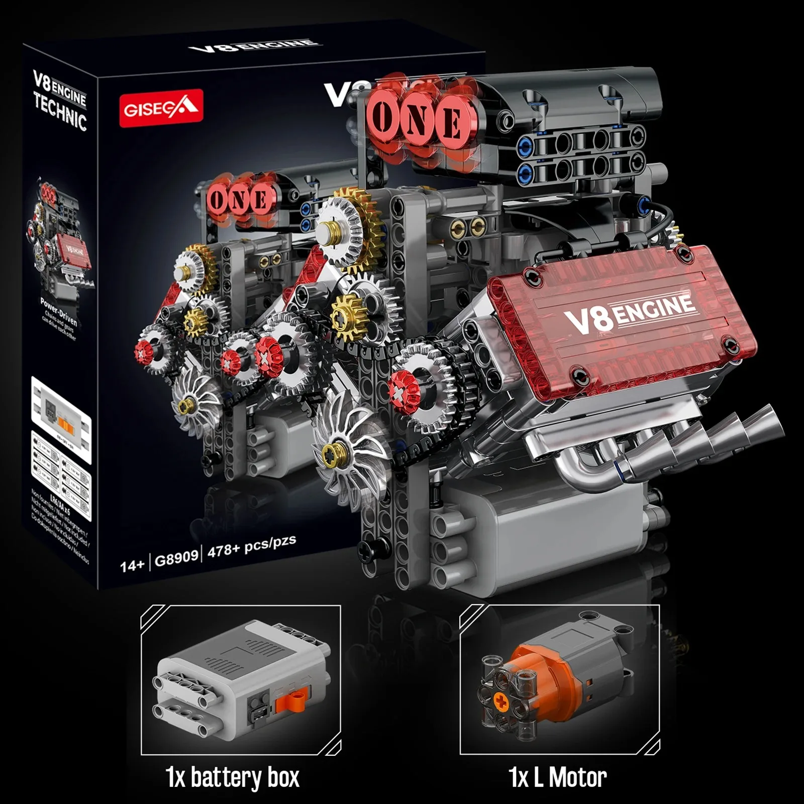 G8909 V8 Motor Modell MOC Technische 478 stücke Bausteine Set Mit Motor Batterie Box Auto Modell Montage Ziegel DIY Spielzeug für Kind