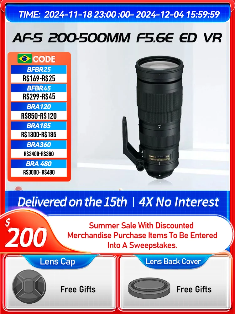 Nikon AF-S 200-400mm F4G ED VR II 200-500mm F5.6E ED VR Full Frame Zoom Telephoto DSLR Camera Lens for D850 D6 200 500 5.6（Used）