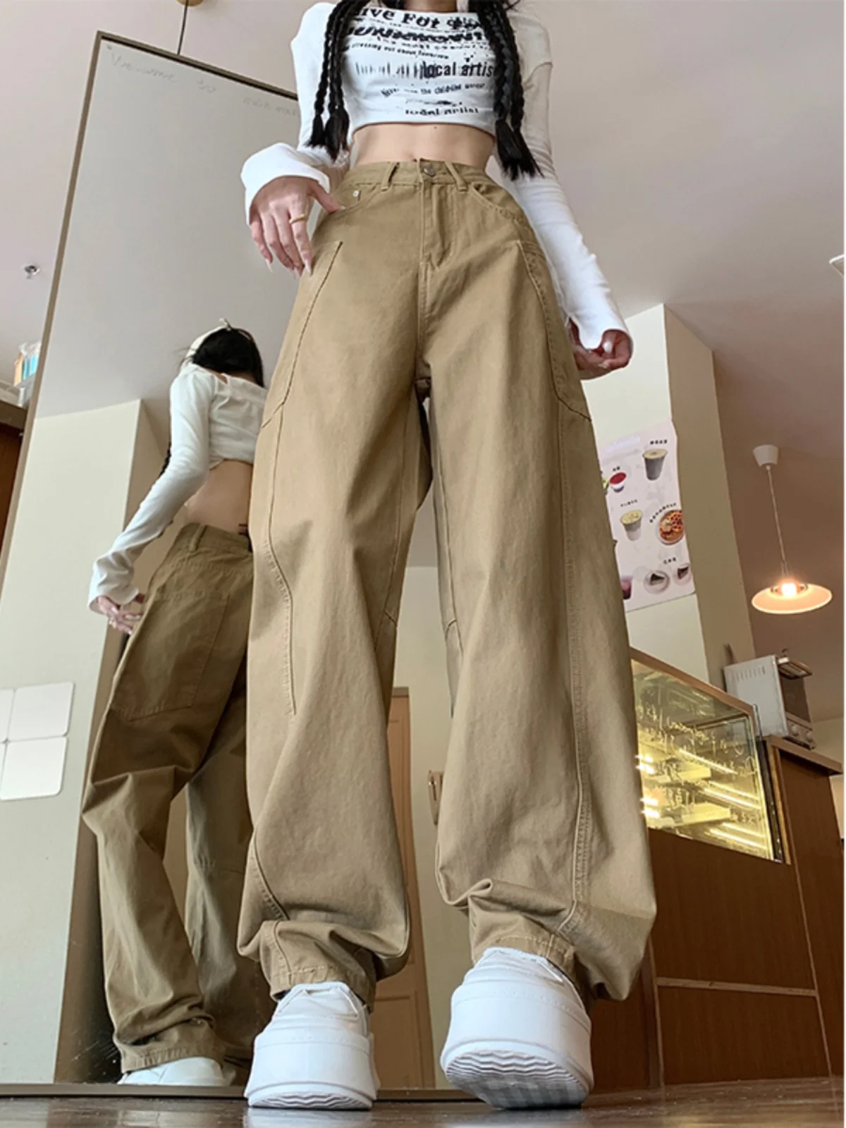 Khaki Arbeitskleidung Jeans Damen Hohe Taille Breites Bein Messerhose Herbst Neue Sle Pear Ape Abnehmen Europäische Größe Groß