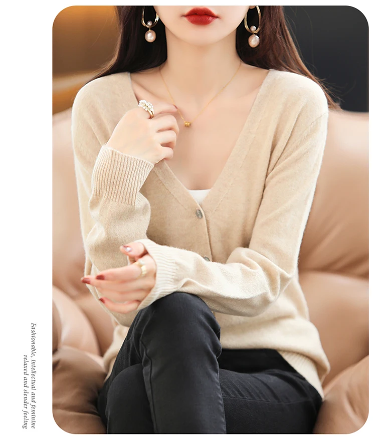 

Fashion Basic Autumn Winter Merino Wool Sweater V-Neck Cashmere Cardigan Solid Color Soft Long Sleeve Basic Clothing Tops