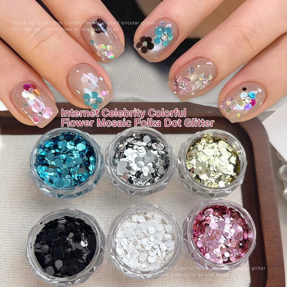 12Grids Round Sequin-Spliced ​​Flower Nail Charms 3D Mixed Color Polka Dot Sparkling Flakes Nail Patches Glitter Sequins NailDec