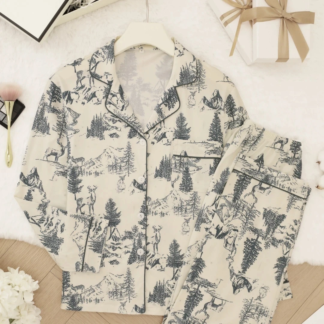 

Moose Print Pajamas Beige Lapel Long Sleeve Long Pants Loungewear Home Wear Set Sleepwear Clothes for Christmas Gift for Women