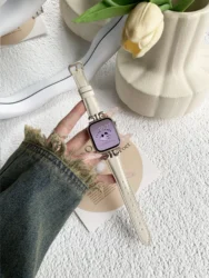 Starlight Metal Genuine Leather Band For Apple Watch Series 8 7 6 5 3 SE 41mm 40mm 38mm 45 42 44 49 Women Slim Strap For iWatch