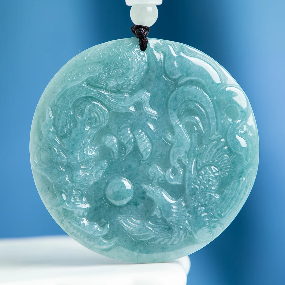 

TIMESWIND Natural A-type Jade Dragon Phoenix Auspicious Carved Round Pendant Men Necklace with Certificate