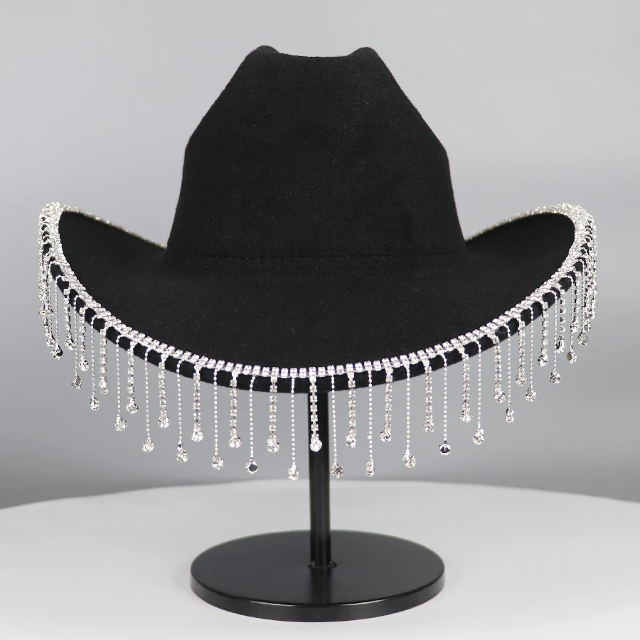 Rhinestone Tassel Vintage Fedora Cap Trend Cowgirl Jazz Hat Unisex Boho Felt Hat For Women Men