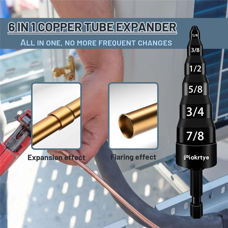 ABPR-HVAC Multi-Tool Set: 2 Pcs Copper Expander Swaging Drill Bits, Air Conditioner Copper Pipe 6-In-1 Flaring Solution