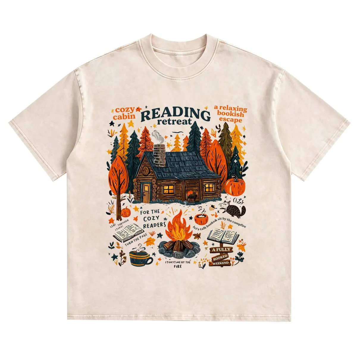 Cozy Cabin Reading Retreat Vintage Washed T-shirt Fall Bookish Autumn Readers Pumpkin Spice Book Caual Short Sleeve T-shirts