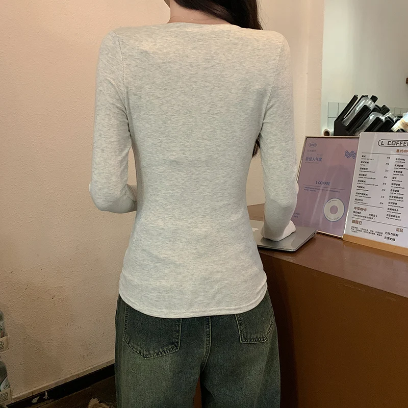 T-shirts met lange mouwen Katoen Dames Lente Gelaagde plooi Overzicht Ronde hals Ruche Student Uniform Delicaat Veelzijdig Vrouwelijk OL