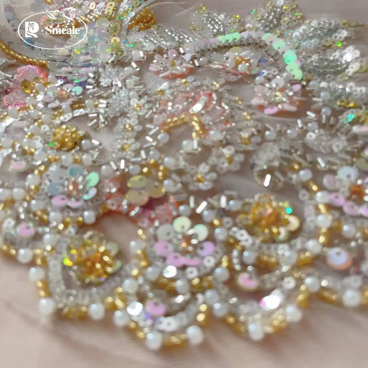 Pailletten-Perlen-Stickerei-Spitzenkopfbedeckung, Kostüm-Hanfu-Gürtel, Champagnergold-Fischschuppen, Bühnenkostüm, RS24609 – Detail 3