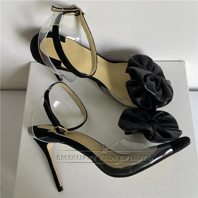 2024 Chic Summer Transparent PVC Sandals Women 10cm Thin Heel Sexy Open Toes Pleated Sequins Flower Gladiator Shoes Woman