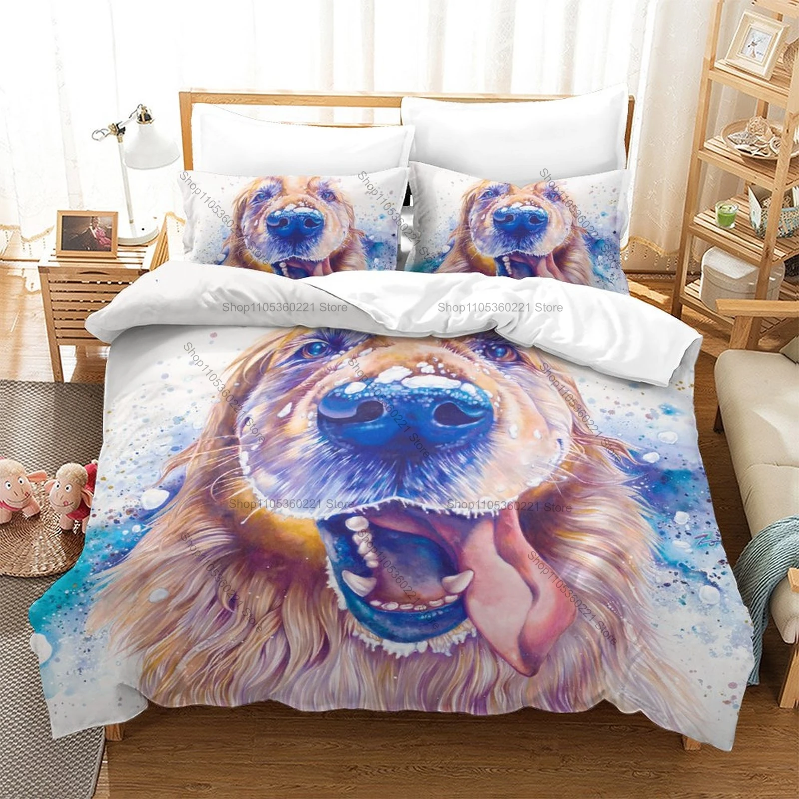 Juego de ropa de cama para perros Beagle, funda de edredón + 2 fundas de almohada, sábanas con estampado de perros encantadores para decoración del hogar y el dormitorio