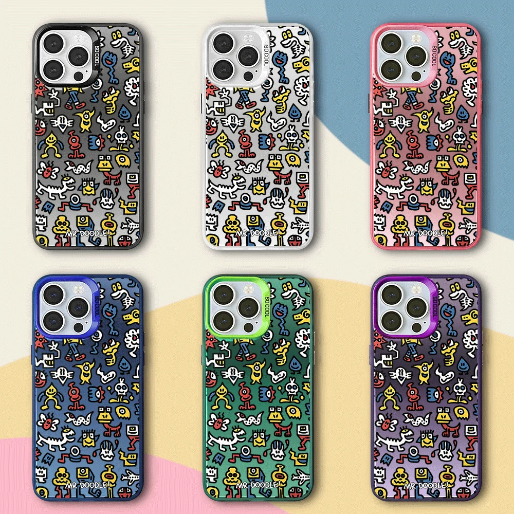 M-Mr Doodles Art Phone Case For iPhone 12 11 13 14 15 16 Max Pro Plus Laser Cover