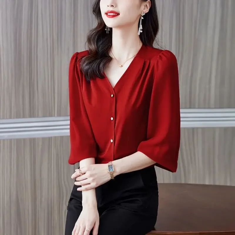 Neue Sommer elegante Mode einfarbig Retro koreanischen Stil Damen hemd ästhetische lose Büro Dame V-Ausschnitt 3/4 Ärmel Tops B671