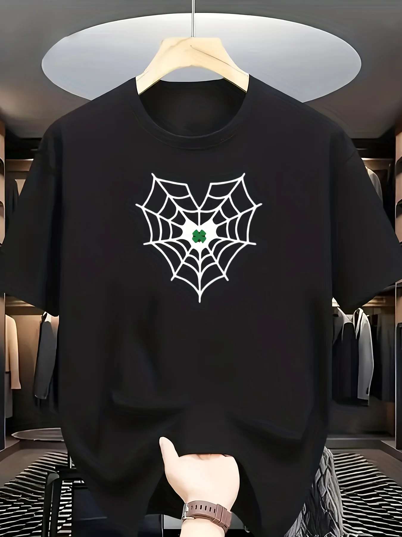 Men's 100% Cotton Printed Heart, Spiderweb, and Four-Leaf Clover Pattern Casual Comfort Loose Fit T-Shirt