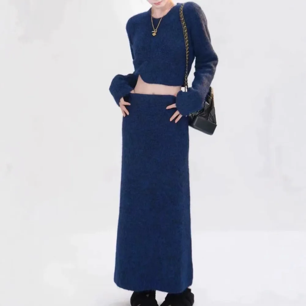 

Elegant Knitted 2 Piece Set for Women Long Sleeved Short Pullover Sweater+High Waist Long Skirts New Autumn Winter Commute Suits