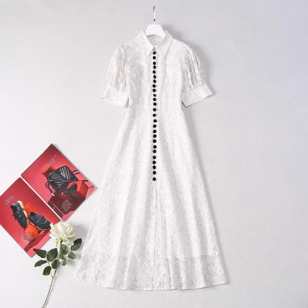 

Elegant White Lace Embroidery Flower Princess Dress Women's Turn Down Neck Short Sleeve Holiday Long Robes Vestidos Robe Femme