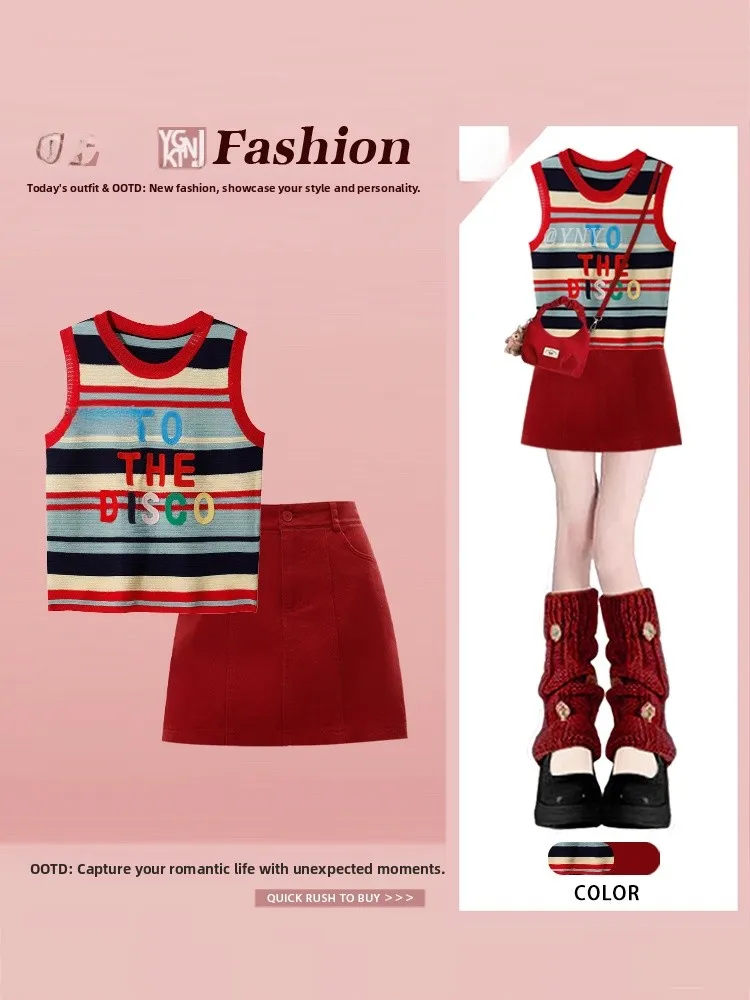 

2025 Korean Sle Letter round Ne Color Blo Stripe ort Svel Vest Top Red Skirt Set Women's Faion Summer Outfit